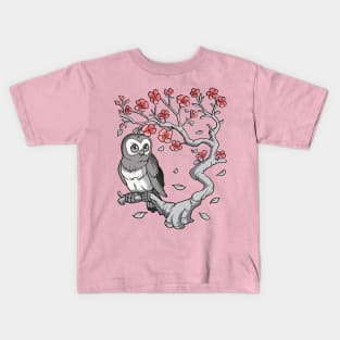 Owl Cherry Blossom Sakura Kids T-Shirt